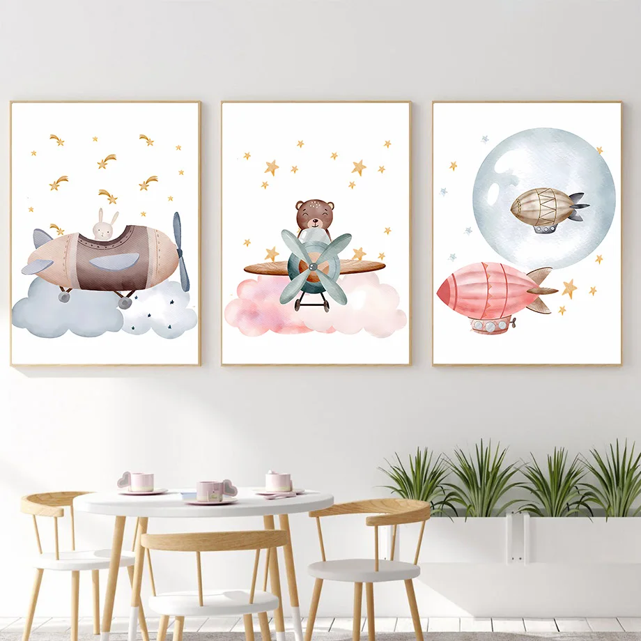 Resin Art Baby - โปสเตอร์ตกแต่งห้องเด็ก ลายโบโฮ บอลลูน เครื่องบิน หมี กระต่าย