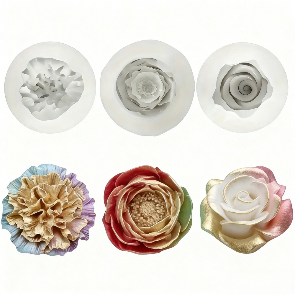 Resin Art Wedding Gift - แม่พิมพ์ซิลิโคน 3 ชิ้นสำหรับดอกกุหลาบ ดอกโบตั๋น และดอกคาร์เนชั่น เหมาะสำหรับเทียน
