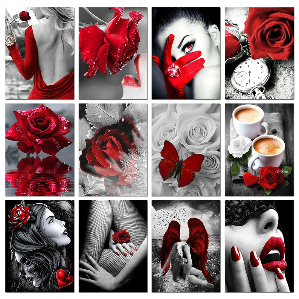 Resin Art Rose - ชุดงานปักเพชร 5D ลายดอกกุหลาบ ศีรษะกะโหลก ภาพขาวดำ งานปักครอสติช