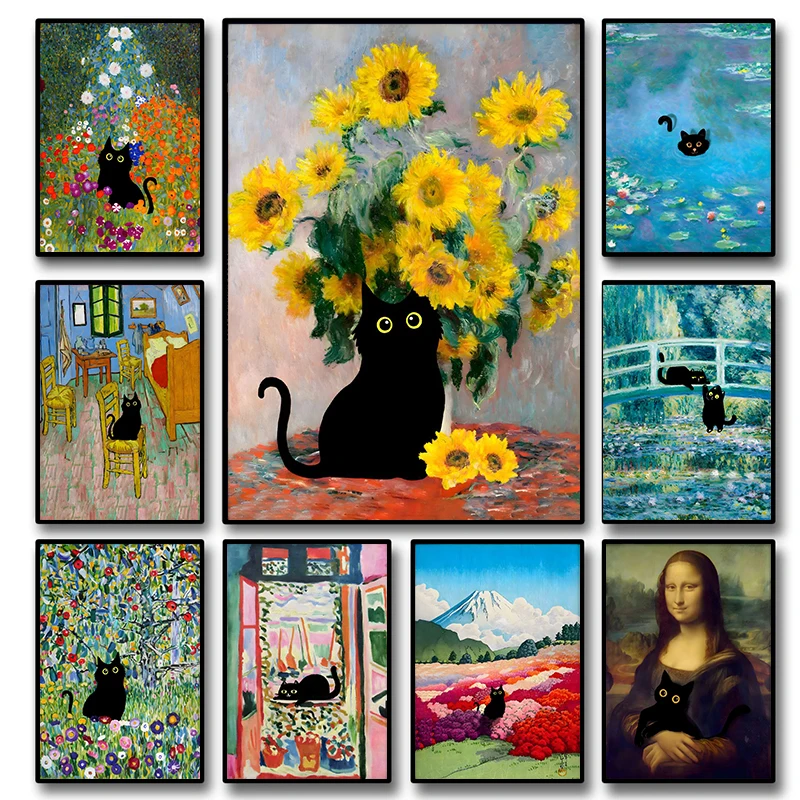 Resin Art Work - แมวดำตลก จิตรกรชื่อดังระดับโลก โมเนต์ แวนโก๊ะ งานศิลปะ โปสเตอร์